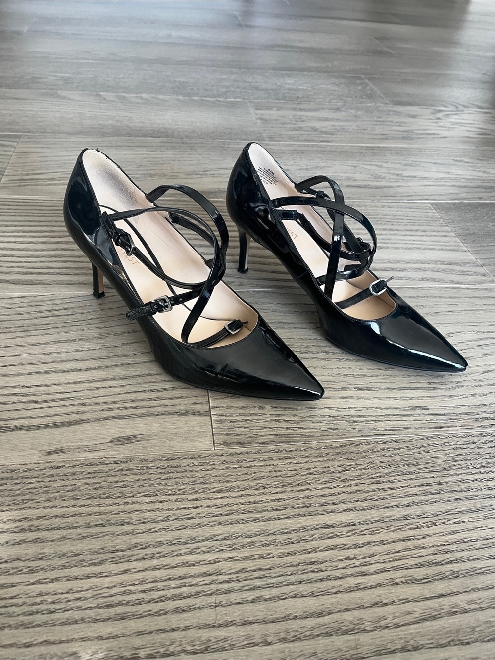 Nine West Black Patent Strappy Pointed Toe Heels